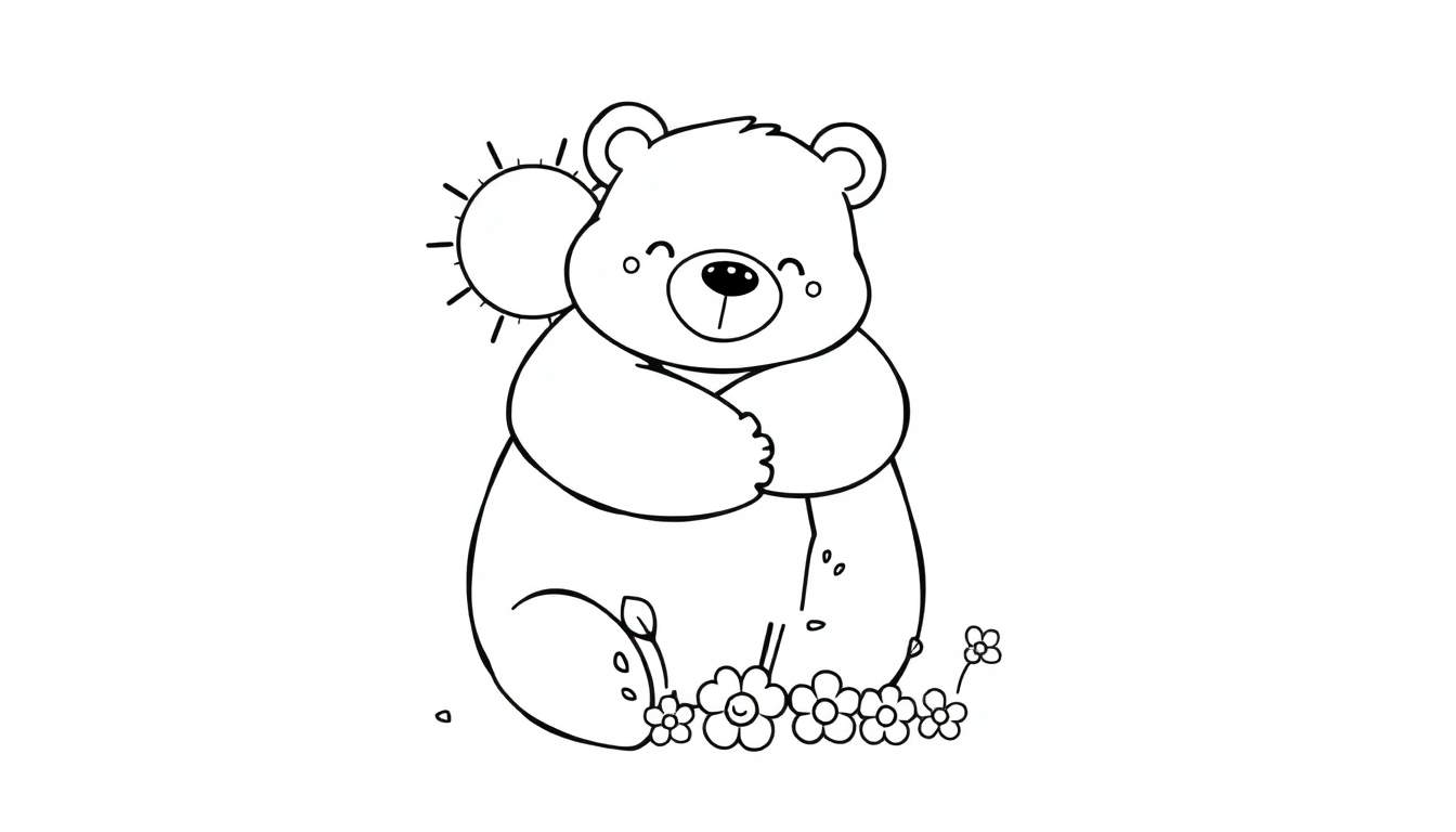 Página para colorear de un oso abrazando la letra 'A' en blanco y negro.