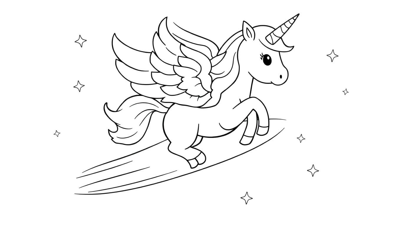 Página para colorear de un unicornio alado corriendo sobre una estrella fugaz, rodeado de estrellas.