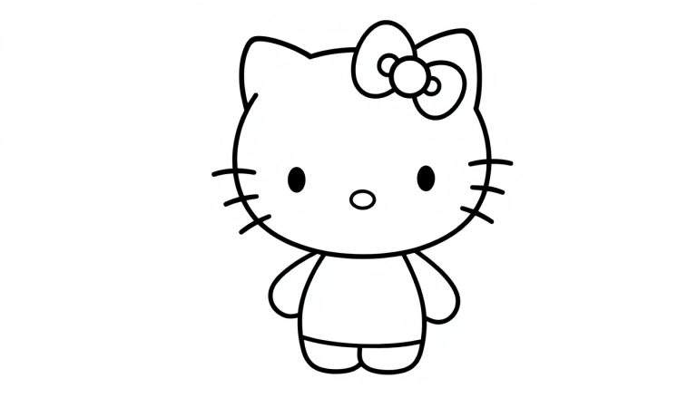 Página para colorear de Hello Kitty con su característica placa de color de sonrisa y lazo.