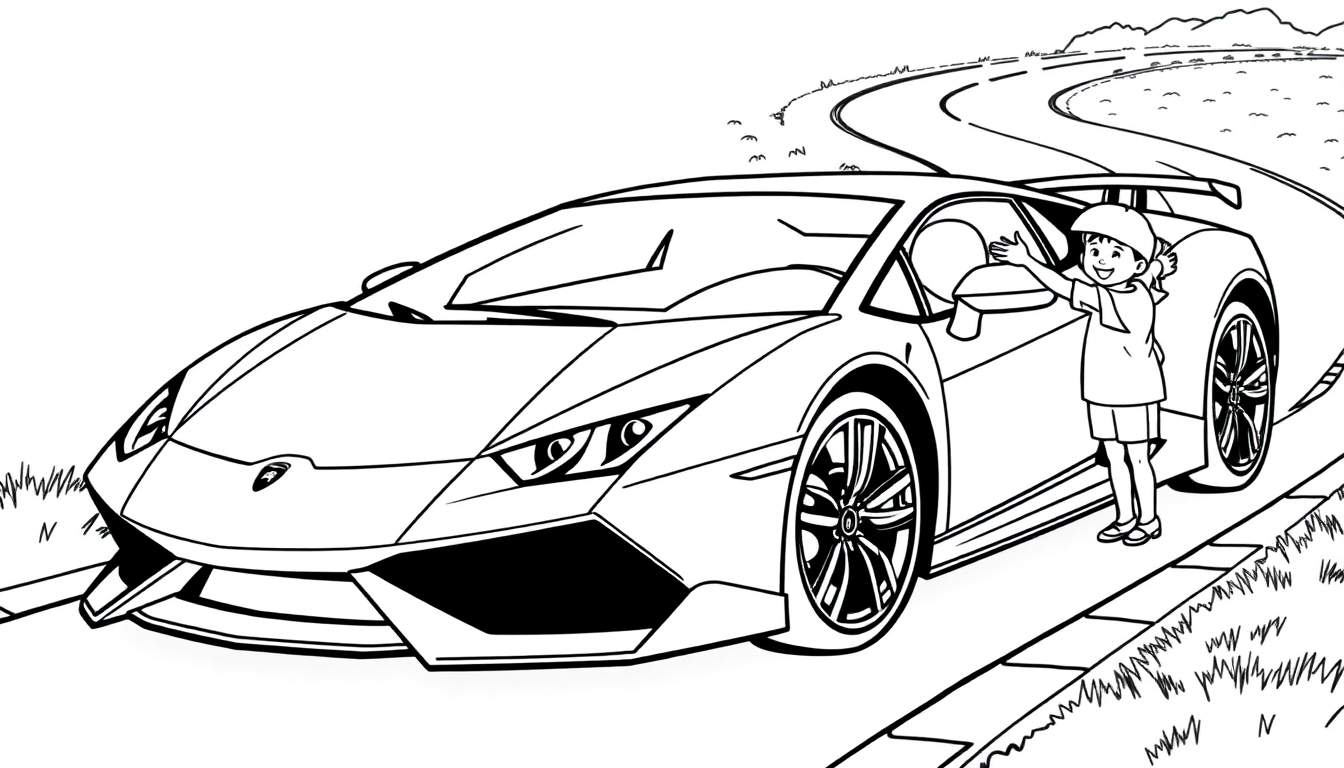 Placa de color de un coche deportivo Lamborghini y una niña sonriendo.