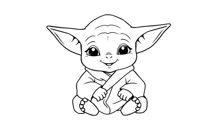 Página para colorear con Bebé Yoda sonriente, listo para la placa de color.
