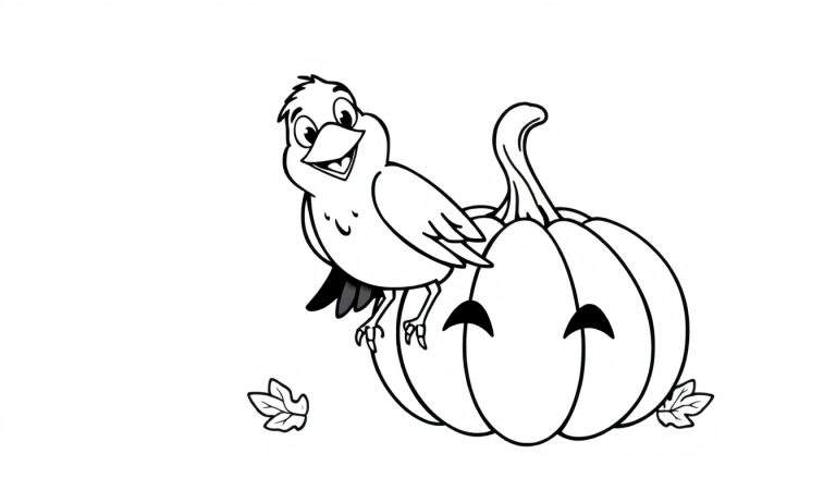 Página para colorear de una calabaza sonriente con hojas y un cuervo amistoso.