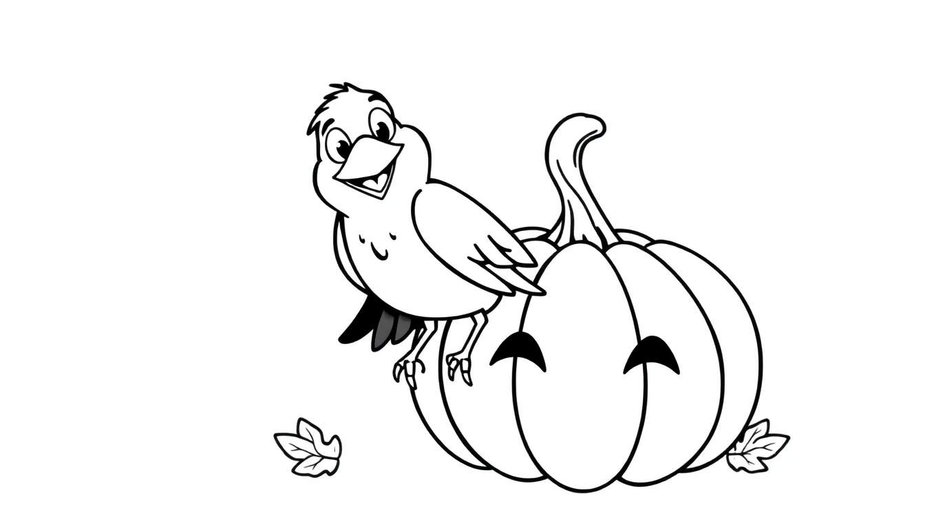 Página para colorear de una calabaza sonriente con hojas y un cuervo amistoso.