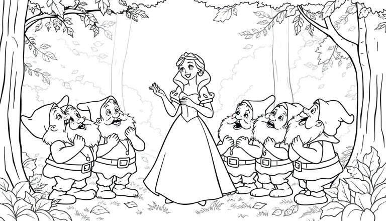 Blancanieves y los siete enanitos en una página para colorear de placa de color en el bosque.