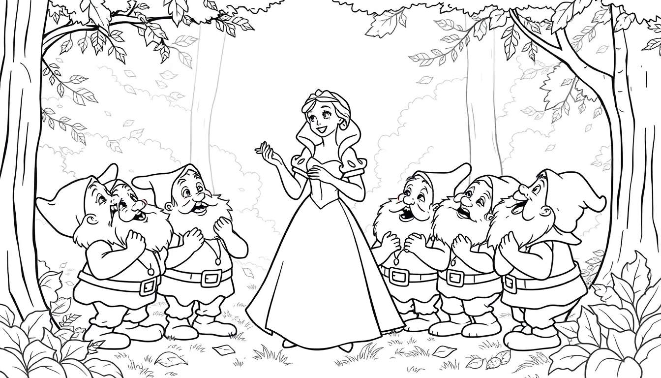 Blancanieves y los siete enanitos en una página para colorear de placa de color en el bosque.