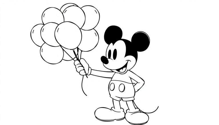 Mickey Mouse sonriendo con globos, perfecto para una placa de color.
