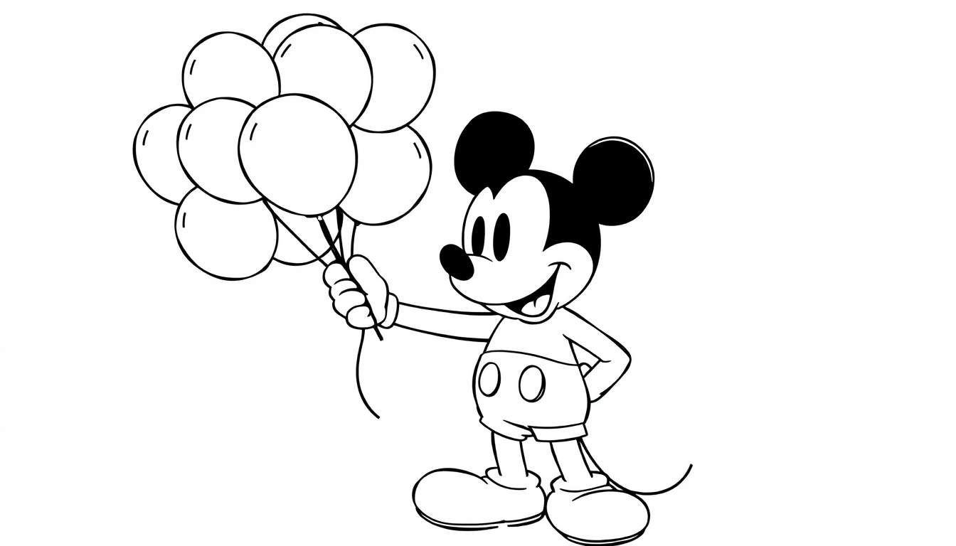 Mickey Mouse sonriendo con globos, perfecto para una placa de color.