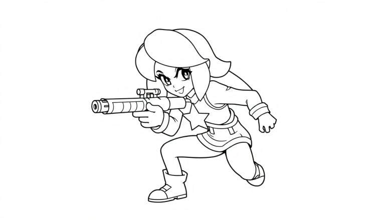 Una niña caricaturizada, lista para la acción, sosteniendo una pistola grande, con una estrella en su camiseta, perfecta para colorear la placa de color.