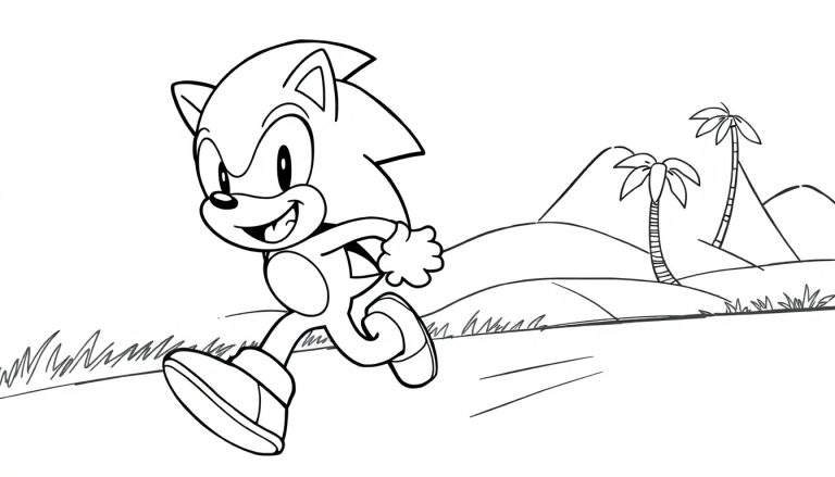Sonic el Erizo corriendo en una página para colorear en blanco y negro.