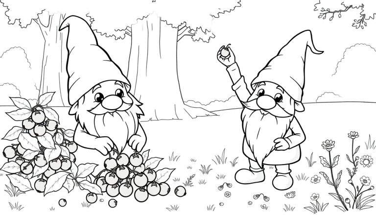 Gnomos recogiendo bayas en una página para colorear de placa de color.