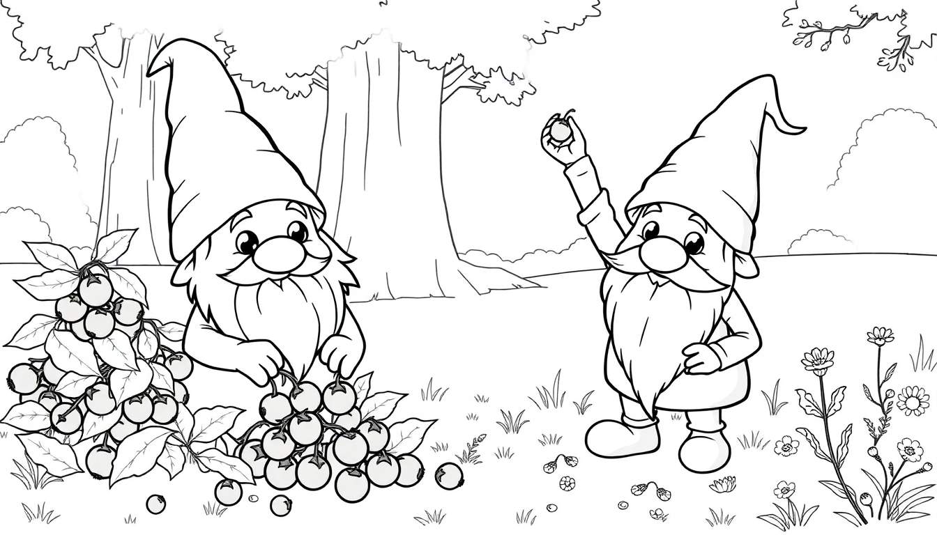 Gnomos recogiendo bayas en una página para colorear de placa de color.