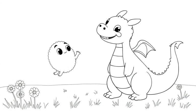 Página para colorear de un dragón amigable y una criatura nubosa sonriendo.