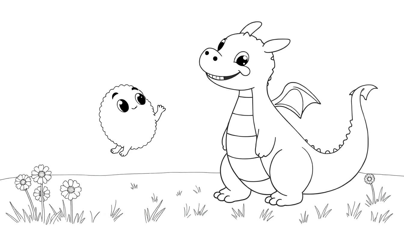 Página para colorear de un dragón amigable y una criatura nubosa sonriendo.