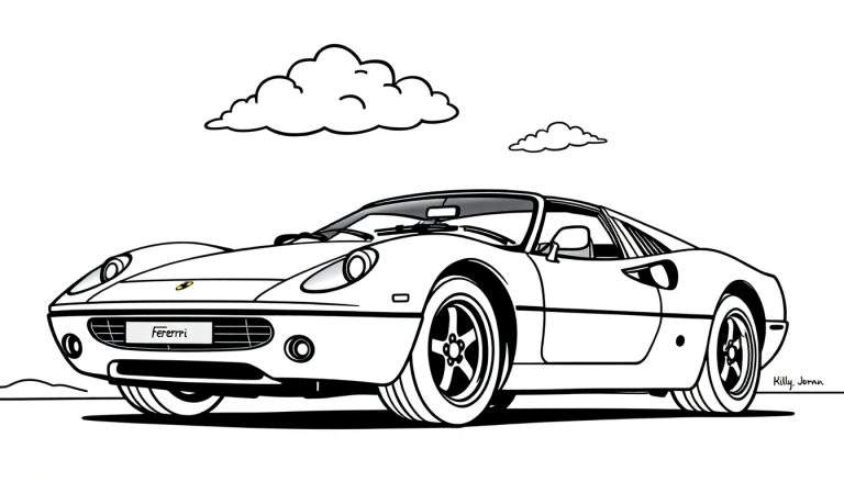 Un coche deportivo Ferrari negro y blanco para colorear, diseñado para niños, con la marca 'Fererrri' en la parte delantera y la firma 'Killy. Jomam' en la esquina inferior derecha.