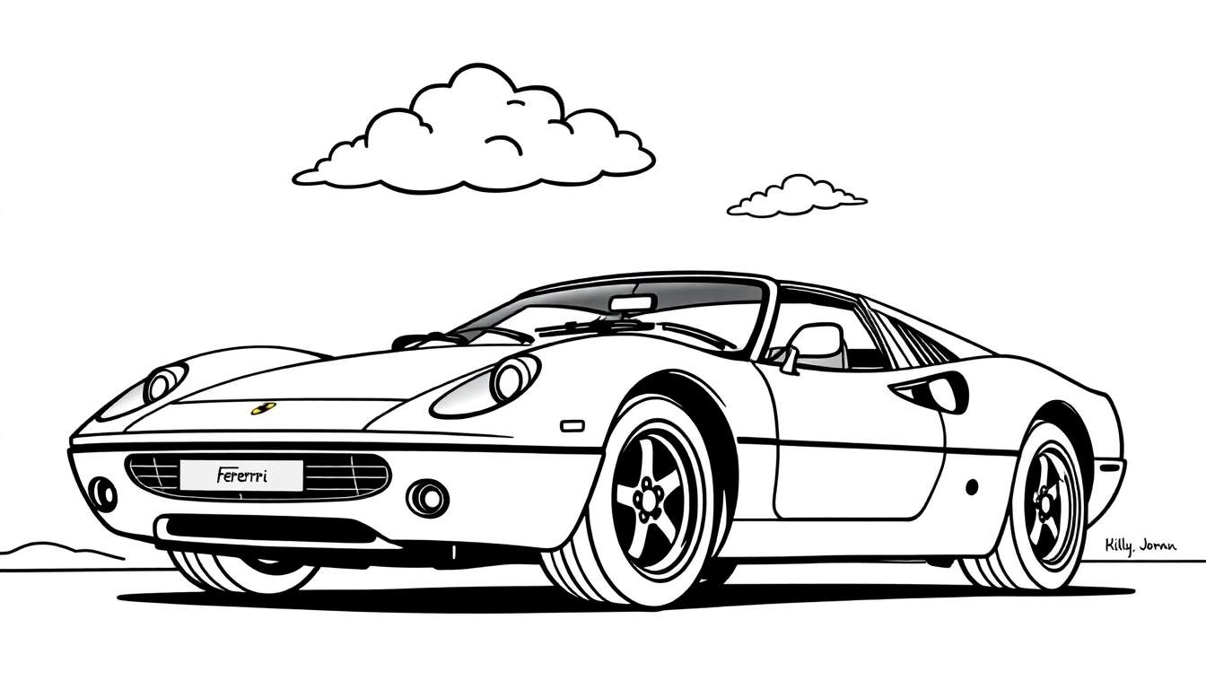 Un coche deportivo Ferrari negro y blanco para colorear, diseñado para niños, con la marca 'Fererrri' en la parte delantera y la firma 'Killy. Jomam' en la esquina inferior derecha.
