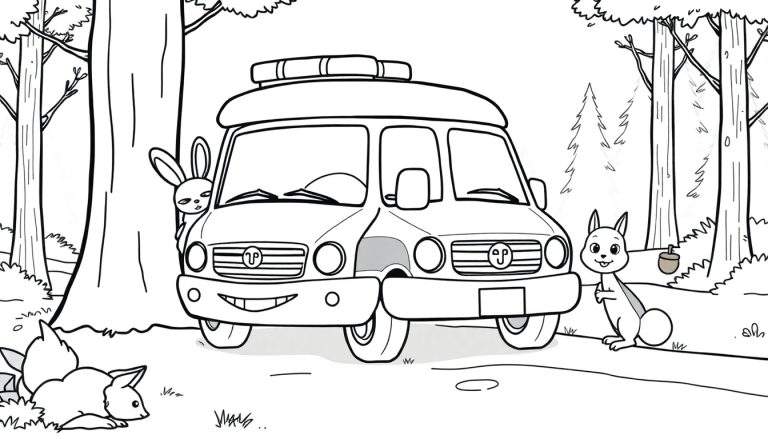 Una página para colorear en blanco y negro de una ambulancia amigable en un bosque con animales.