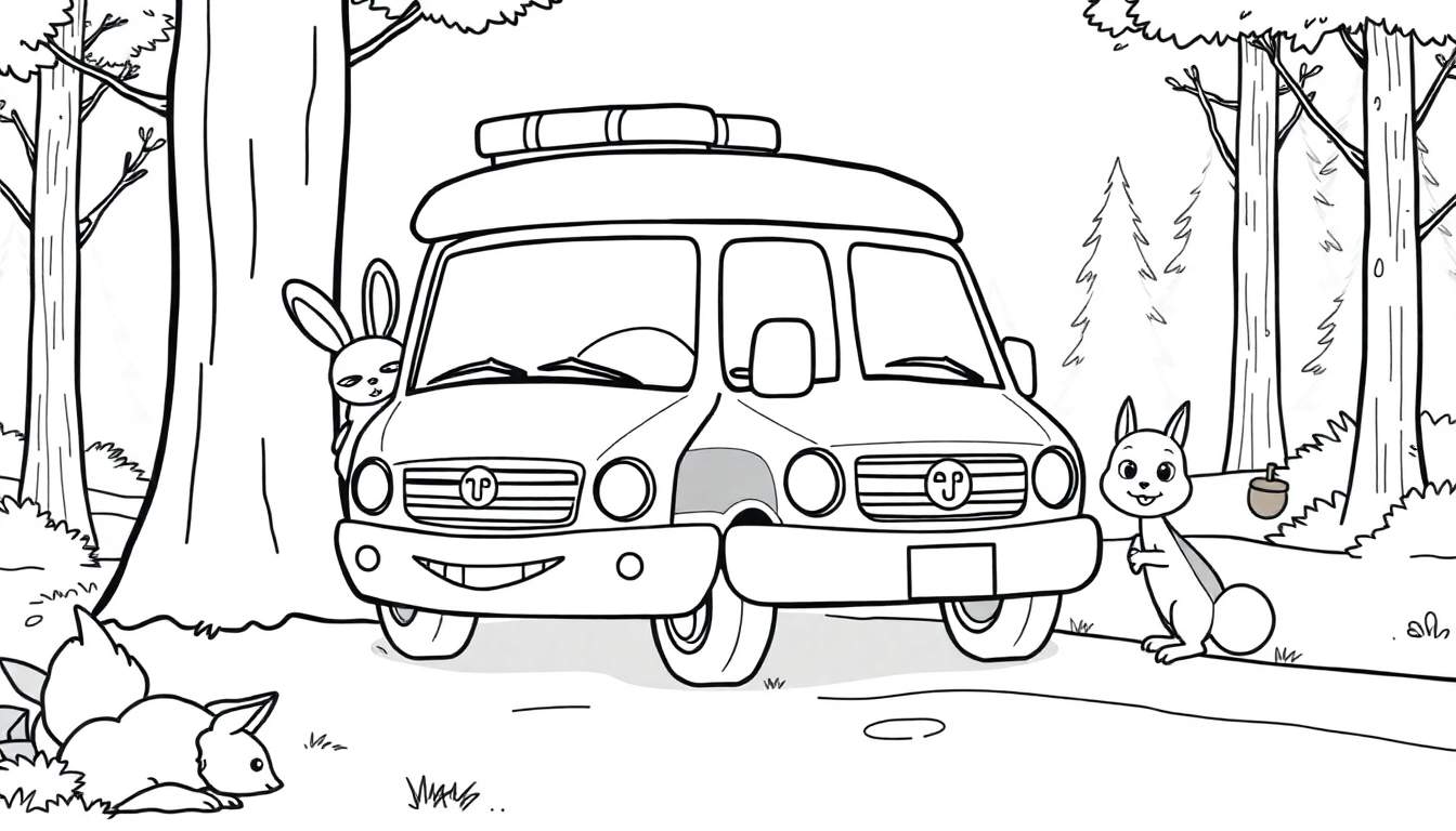 Una página para colorear en blanco y negro de una ambulancia amigable en un bosque con animales.