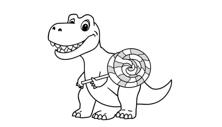 Un dibujo de un T-Rex amigable con una piruleta, perfecto para colorear.