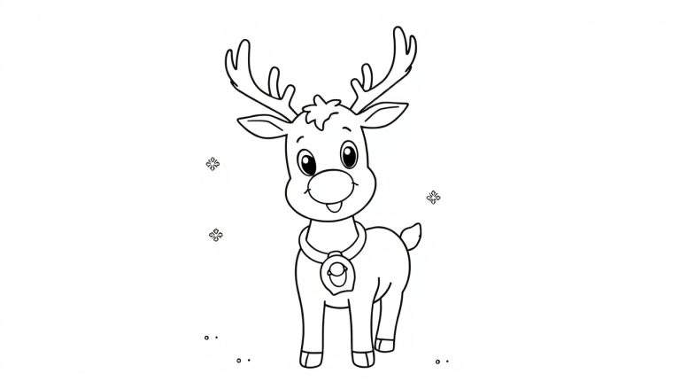 Un reno amigable dibujado en blanco y negro, listo para colorear, con grandes ojos redondos, nariz circular, sonrisa, collar y astas ramificadas. Copos de nieve y puntos en el fondo.