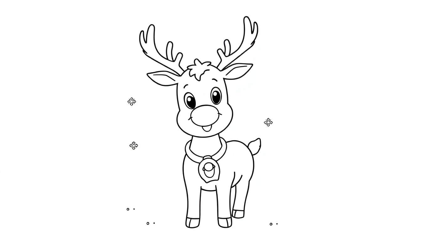 Un reno amigable dibujado en blanco y negro, listo para colorear, con grandes ojos redondos, nariz circular, sonrisa, collar y astas ramificadas. Copos de nieve y puntos en el fondo.