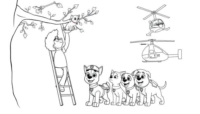 Página para colorear de Paw Patrol, rescatando un gatito, con un hombre en una escalera, cachorros debajo y helicópteros en el cielo. Placa de color.