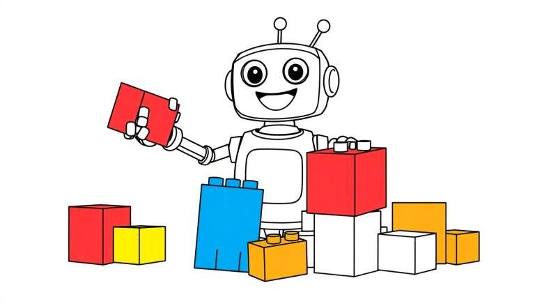 Un robot amigable jugando con bloques de construcción de colores, en una placa de color.