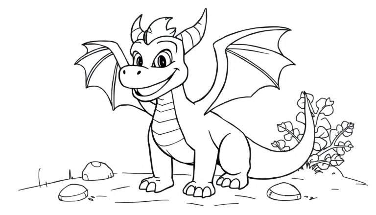Spyro el dragón morado, un dibujo lineal para colorear con alas abiertas y una gran sonrisa, listo para la aventura.