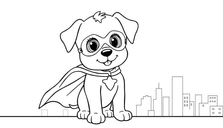 Un cachorro de superhéroe listo para colorear, con máscara y capa, en un paisaje urbano.