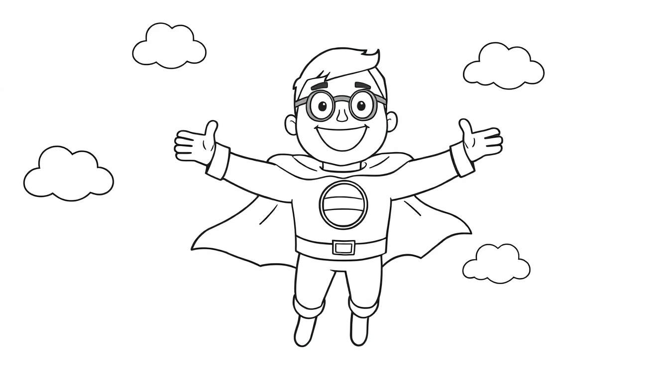 Superhéroe sonriente volando con capa lista para colorear en la placa de color.
