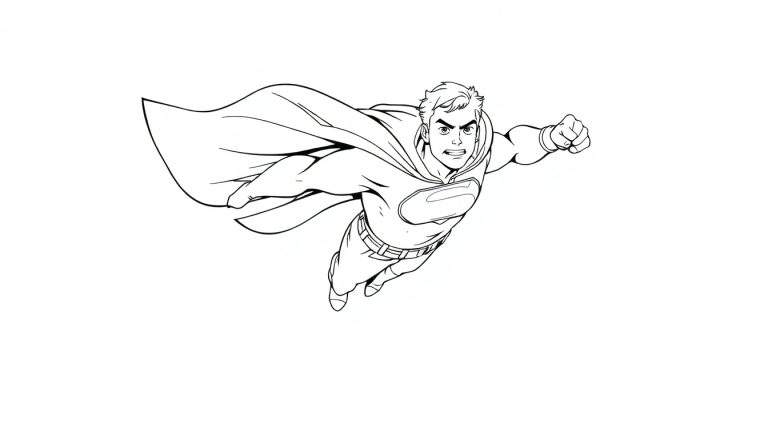 Superhéroe volando, página para colorear con la placa de color.