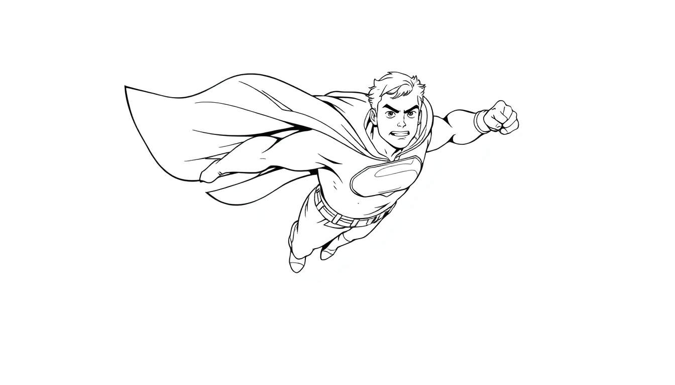 Superhéroe volando, página para colorear con la placa de color.