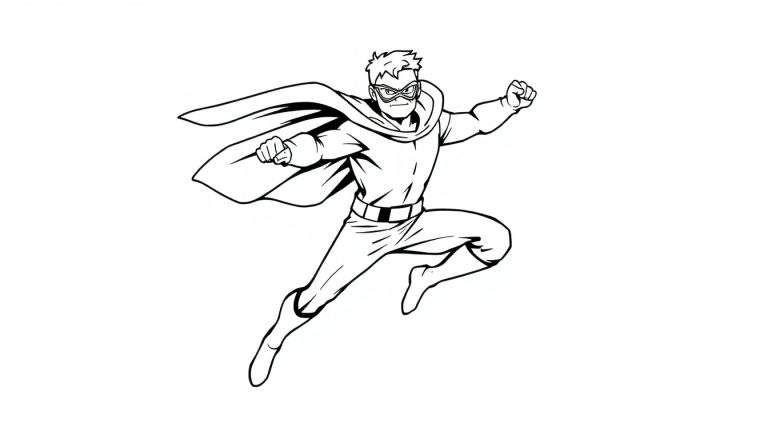 Superhéroe en vuelo, listo para colorear, con gruesos contornos, página en blanco y negro.