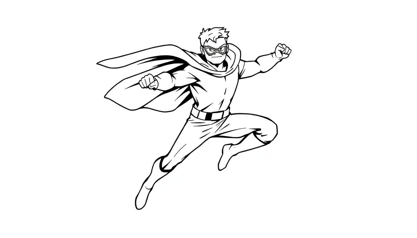 Superhéroe en vuelo, listo para colorear, con gruesos contornos, página en blanco y negro.