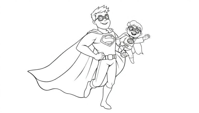Un papá y su hijo con trajes de Superman, listos para una aventura, ideal para colorear en la placa de color.
