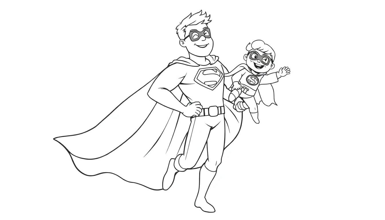 Un papá y su hijo con trajes de Superman, listos para una aventura, ideal para colorear en la placa de color.