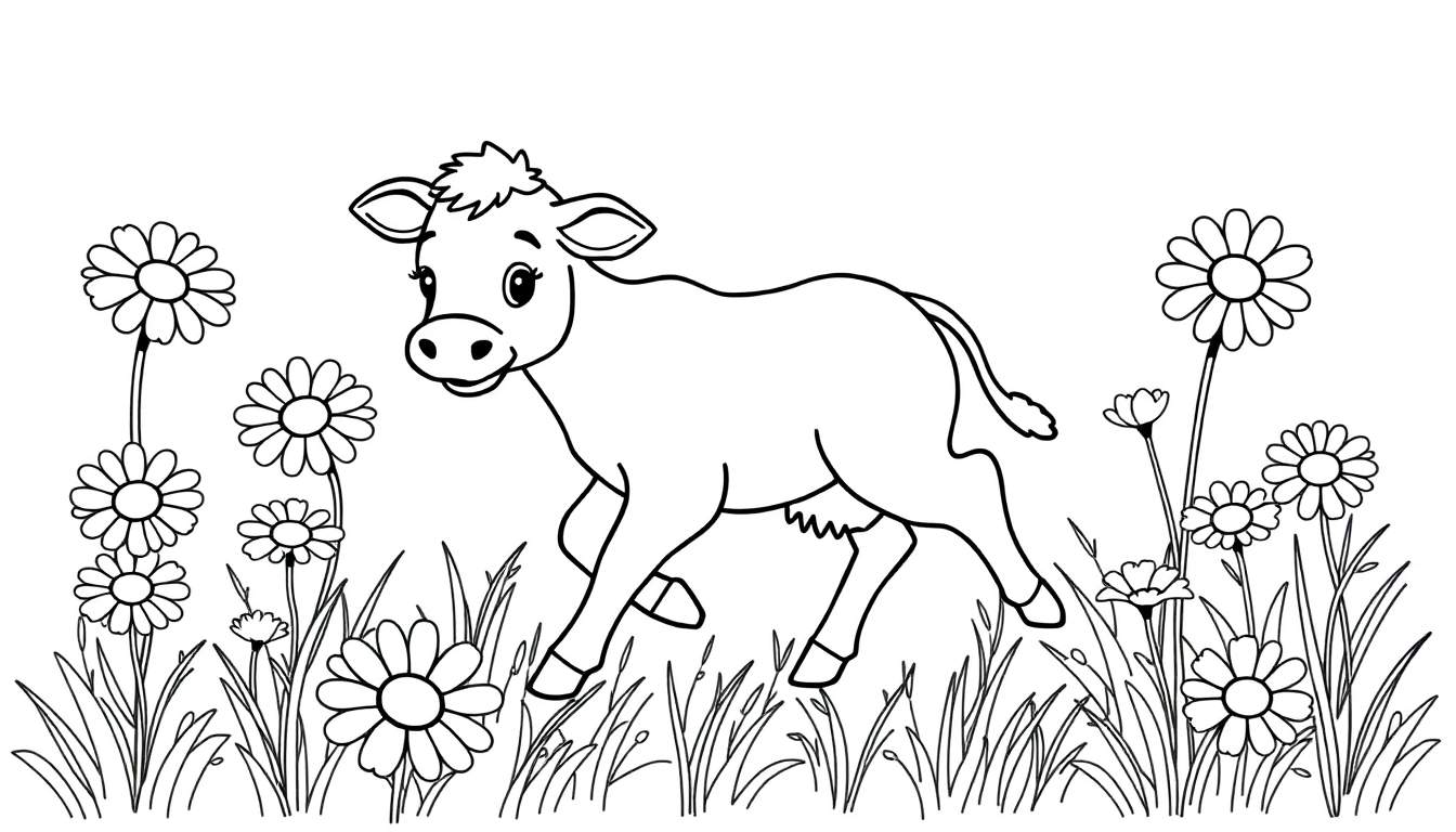 Un ternero corriendo alegremente por un campo de margaritas, listo para ser coloreado en la placa de color.