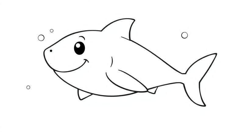 Un tiburón sonriente de dibujos animados en blanco y negro, listo para colorear en su placa de color.