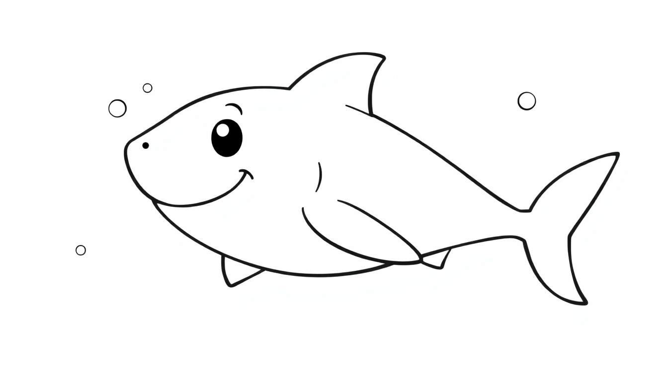Un tiburón sonriente de dibujos animados en blanco y negro, listo para colorear en su placa de color.