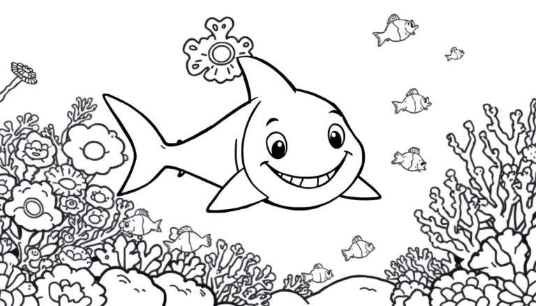 Página para colorear de un tiburón bebé amigable sonriendo, nadando entre corales y plantas marinas con burbujas.