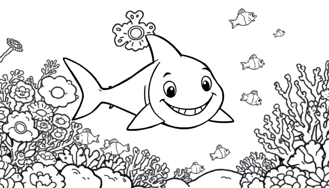 Página para colorear de un tiburón bebé amigable sonriendo, nadando entre corales y plantas marinas con burbujas.