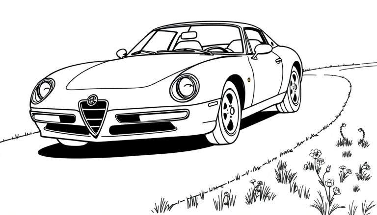 Coche deportivo Alfa Romeo de líneas para colorear, un dibujo lineal en blanco y negro de un coche clásico aparcado en una carretera rural rodeado de hierba y flores. La placa de color está lista para ser añadida.