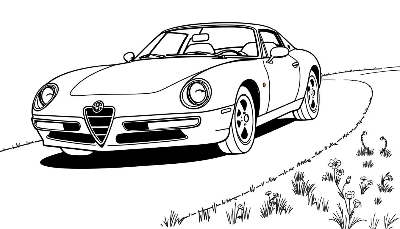 Coche deportivo Alfa Romeo de líneas para colorear, un dibujo lineal en blanco y negro de un coche clásico aparcado en una carretera rural rodeado de hierba y flores. La placa de color está lista para ser añadida.