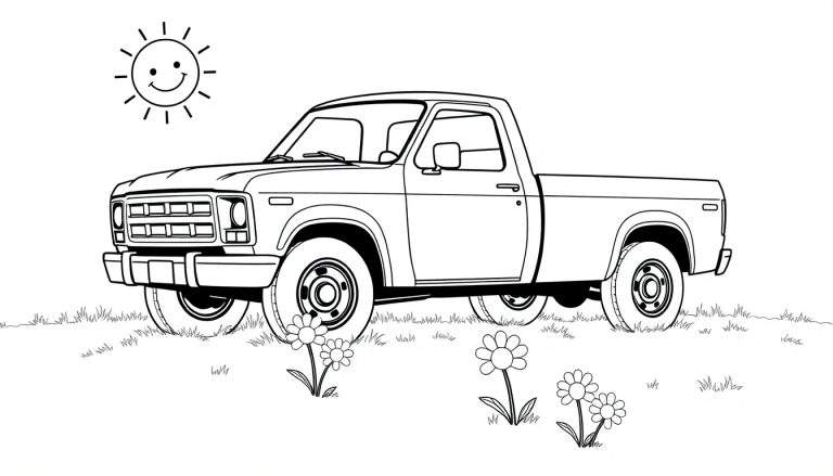 Un camión Ford F-150 clásico, listo para colorear, con un sol sonriente en la esquina.