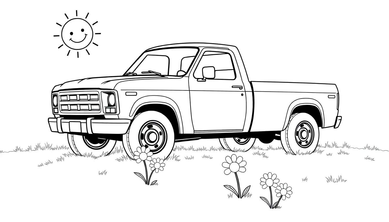 Un camión Ford F-150 clásico, listo para colorear, con un sol sonriente en la esquina.