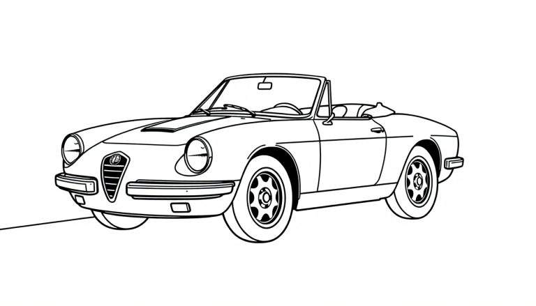 Boceto en blanco y negro de un coche deportivo descapotable clásico Alfa Romeo listo para colorear. ¡Sin placa de color, solo diversión!