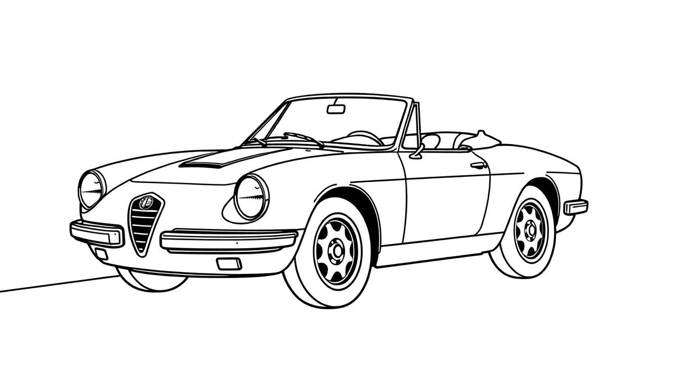 Boceto en blanco y negro de un coche deportivo descapotable clásico Alfa Romeo listo para colorear. ¡Sin placa de color, solo diversión!