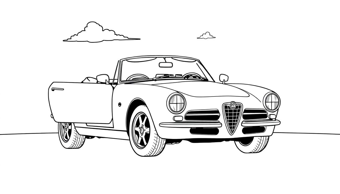 Un coche descapotable Alfa Romeo clásico en blanco y negro para colorear, con la puerta abierta y detalles para pintar. ¡Lista la placa de color!
