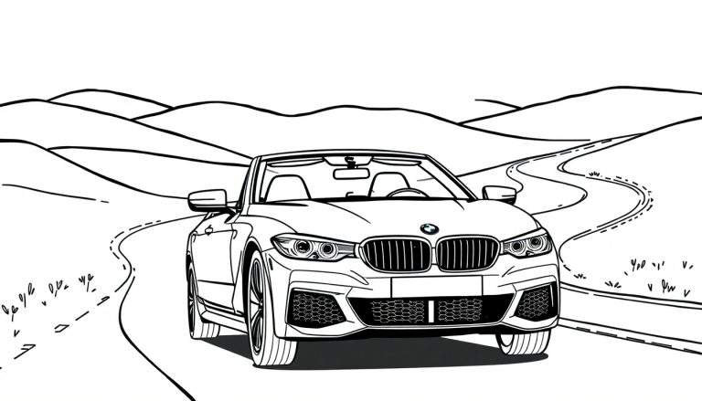 Un coche BMW descapotable para colorear en una carretera con curvas.