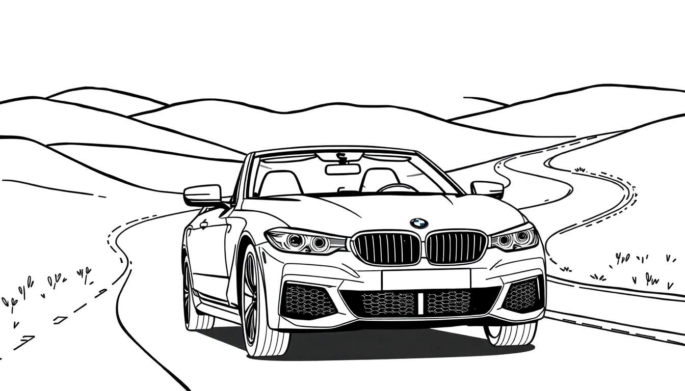 Un coche BMW descapotable para colorear en una carretera con curvas.