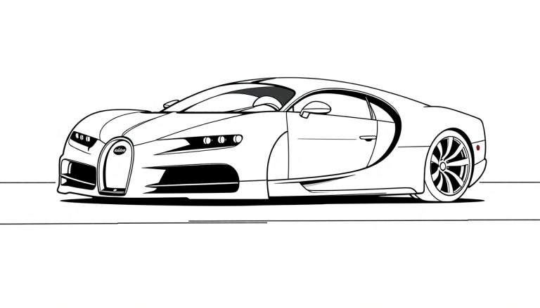 Un Bugatti Chiron dibujado con líneas gruesas en blanco y negro, listo para colorear, con la placa de color destacada.